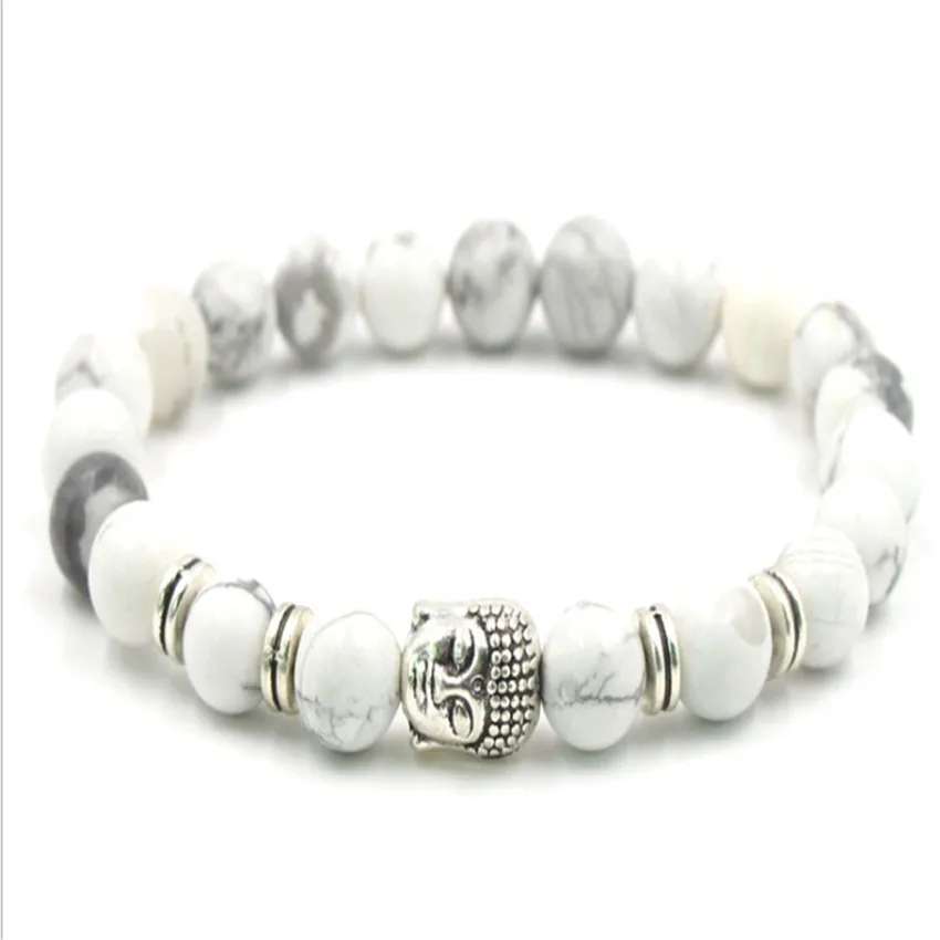 8mm Howlite Silver Buddha Mala Bracelet Gemstone 7.5 inches Bohemian Stackable Men Bangle Eco-Friendly Classic Prayer