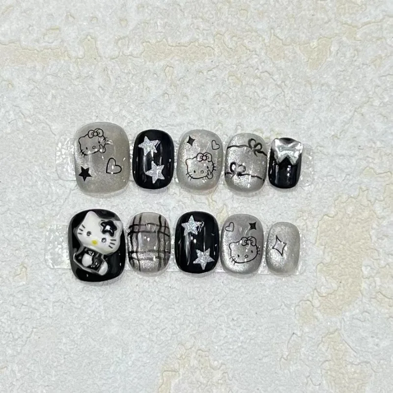 

10Pcs /Set Full Cover False Nails Press on Nails Diy Pure Handmade Patch Removable Fake Nails Dark Kitty Cat Stars Light Bulb