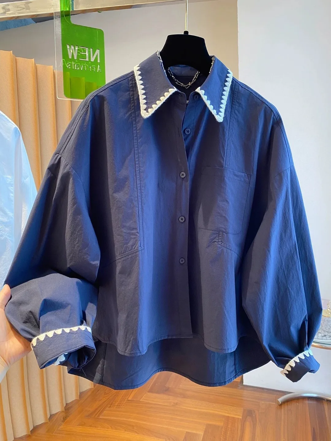 Coreano Sle Lungo Sve Ricamato Colore Colletto Blo irt Donna Inizio Autunno Allentato Dimagrante Top Cotone Poliestere Materiale