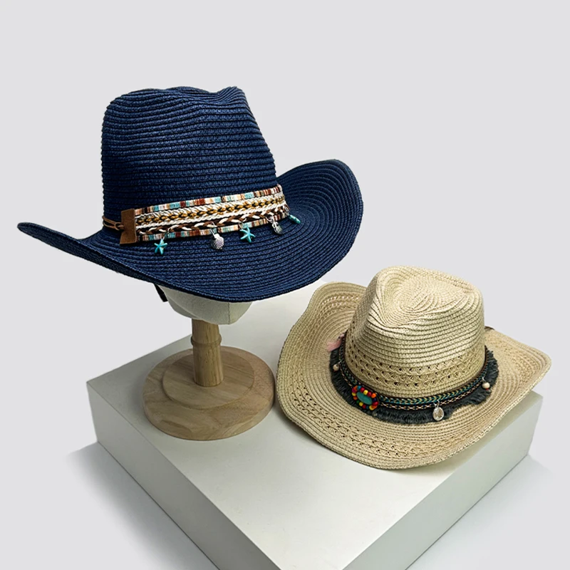 New Unisex Bohemian Style Beach Cowboy Hats Travel Personal Sunshade Distress Outdoor Ethnic Style Straw Caps Versatile Foldable