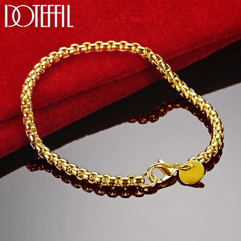 DOTEFFIL 925 Sterling Silver Gold 4MM Round Lattice Chain Bracelet For Women Men Wedding Party Fashion Jewelry