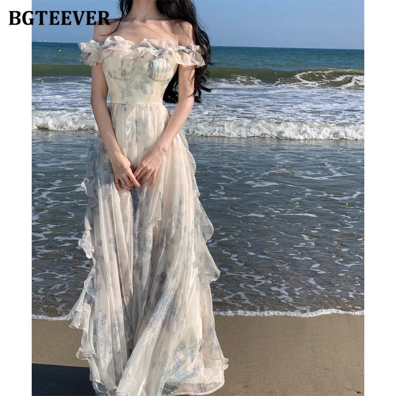 

BGTEEVER Vintage Spring Summer Slim Waist Ladies Spaghetti Strap Floral Dress Elegant Ruffles Female Sleeveless A-line Dress