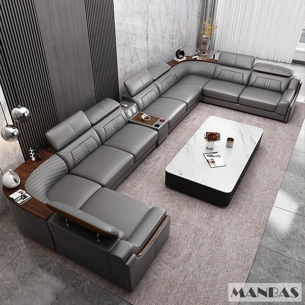 Premium Italian Leather Couch Set With Cup Holder, USB, Adjustable Headrests & Bluetooth Speaker - MANBAS Living Room Sofas