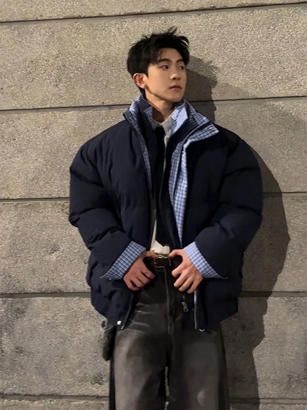 

Thiened ort Plaid Cotton Jaet for Men in Royal Blue Winter Outerwear Faionable Urban Sle Stand Fit Long Sve