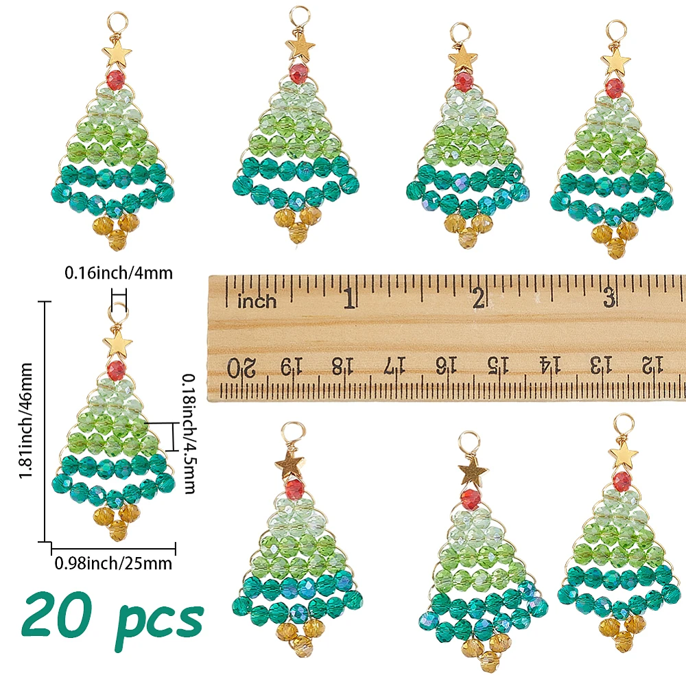 1 Box 20Pcs Christmas Tree Charms Glass Christmas Tree Beads Green Glass Faceted Star Bead Winter Holiday Decor Dangle Pendants
