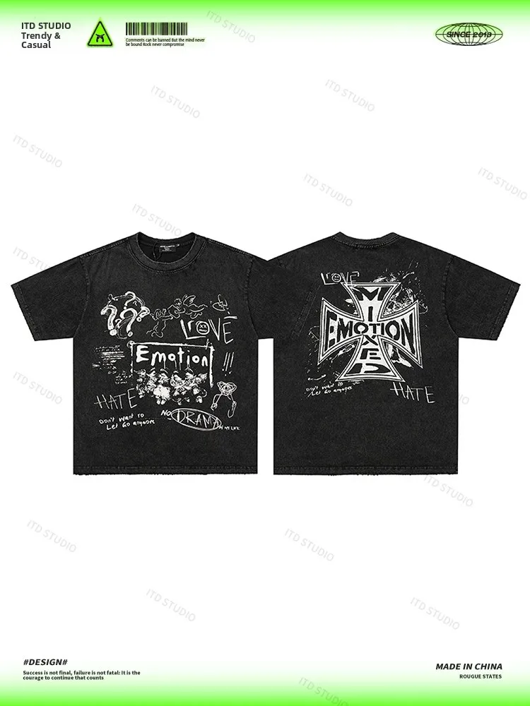 Mixed Emotion High Street Angel Print Rhinestone T-Shirt Unisex Short Sleeve Cotton Casual Wear Summer Top for Men And Women