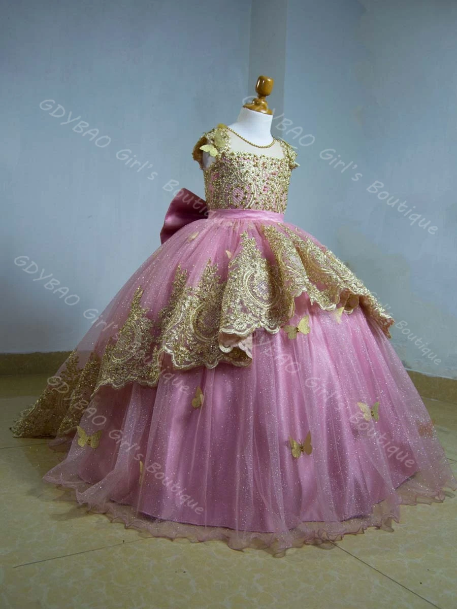 

Custom Girls Party Gown Gold Beaded Applique Princess Flower Girl Dress for Wedding Pageant Ball Gown with Detachable Train/Bow
