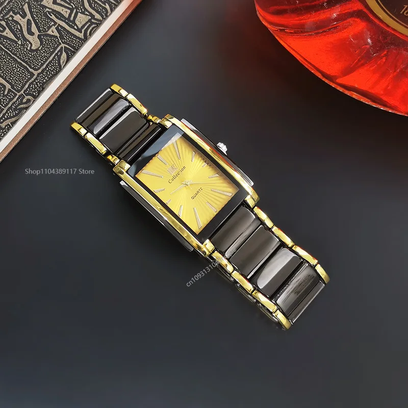 Керамические кварцевые мужские часы, модные роскошные прямоугольные наручные часы с календарем, черное золото, подарки для пары, часы Reloj Hombre