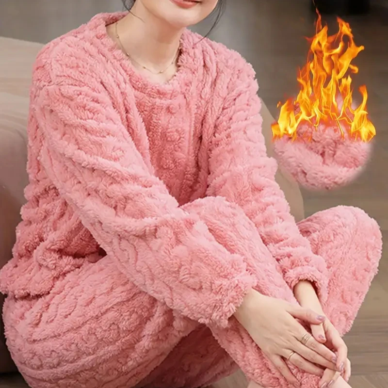 

Женский зимний пижамный комплект, мягкая теплая утолщенная флисовая домашняя одежда с длинными рукавами, подходит для использования в помещении и на открытом воздухе