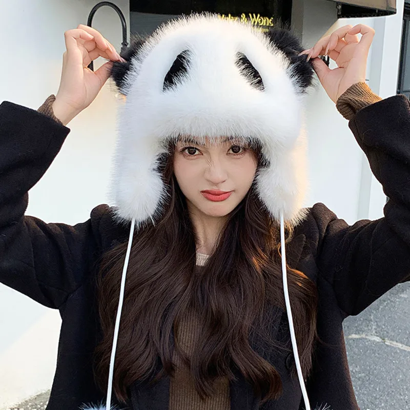 Winter Faux Fur Panda Hat Warm And Windproof Ear Protection Hat Fashion Baotou Hat Lei Feng Hat For Women Thick Fluffy Fur Hat