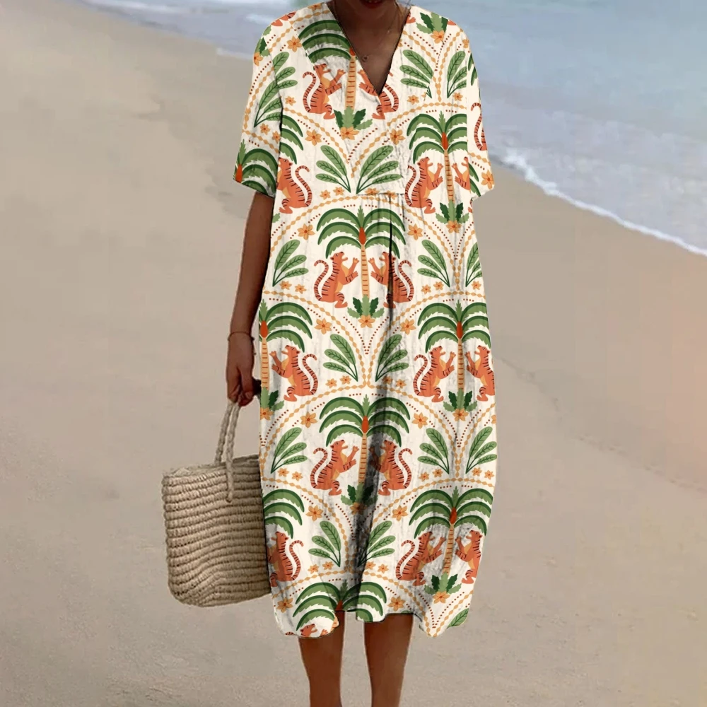 

Y2K Style Women's Coconut Tree And Tiger Print Luxury Sense Dress Summer Half Sleeve Seaside Vacation Clothing Full Printing