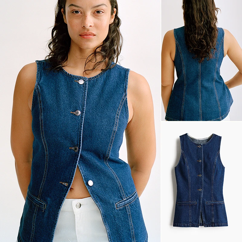 

Новый женский хлопковый облегающий круглый повседневный модный джинсовый жилет весна-лето с открытым ботом 272654 для поездок на работу