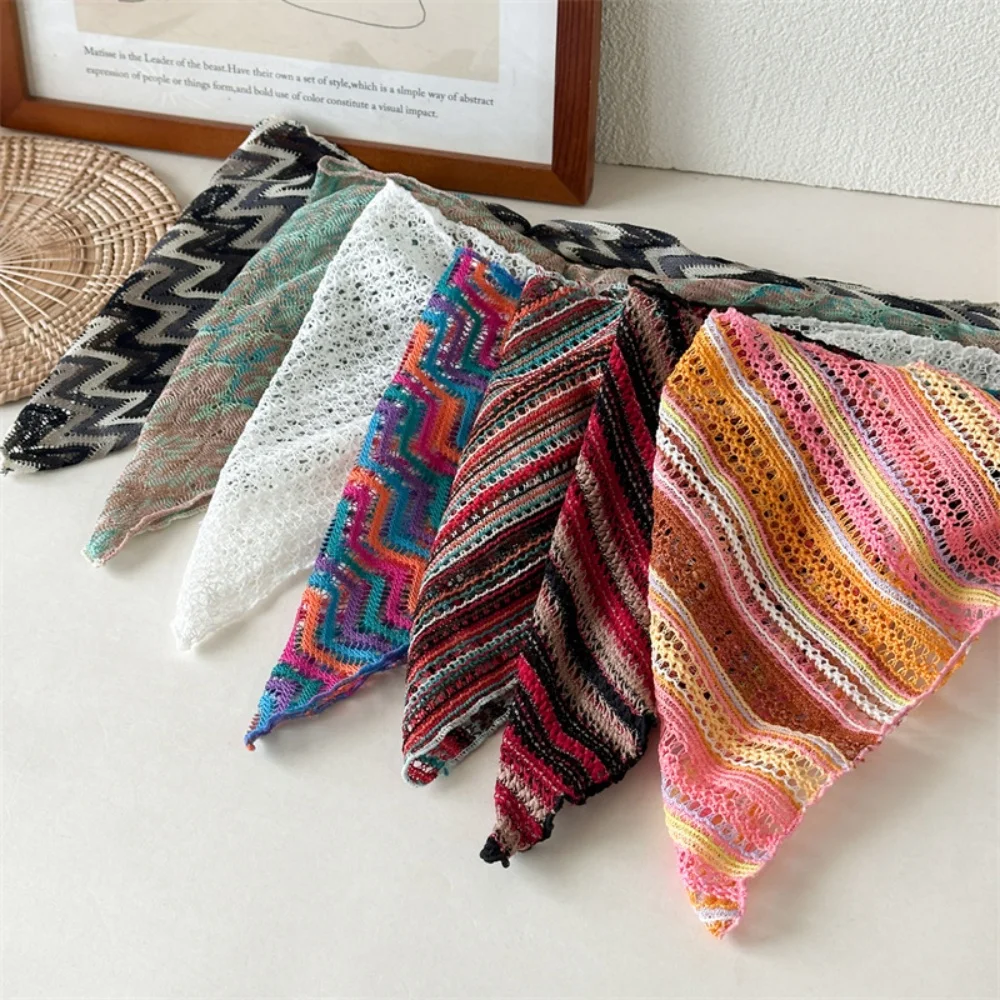 

Best-Selling Knitted Hollow Out Headscarf for Women, Long, Fashionable Striped Patchwork Pleated Multi-Purpose Triangle