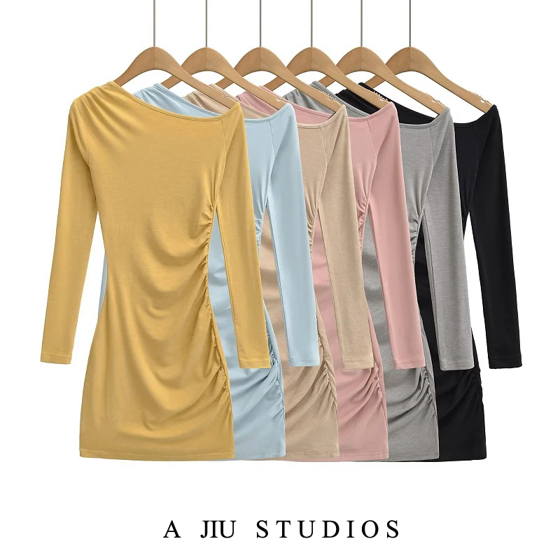 

Sexy Long Sve Slim Fit ort Dr Women's Autumn Winter Folded Waist Slimming Bodycon Skirt Asymmetrical Collar Dr