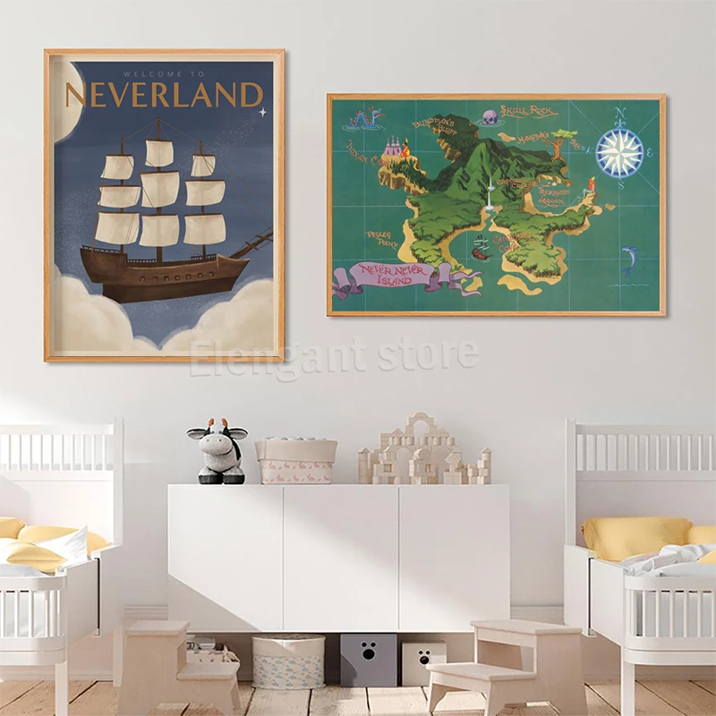 Peter Pan Art Prints Neverland Map Posters Classic Boys Adventure Story Canvas Painting Nursery Literary Wall Pictures Decor