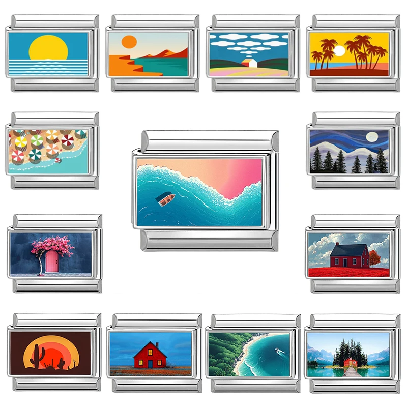 New Fashion Green Scenery Series Sunset Moon Beach Sea Lake Village Italian Charm Links 9mm Stainless Steel Bracelets DIY Making