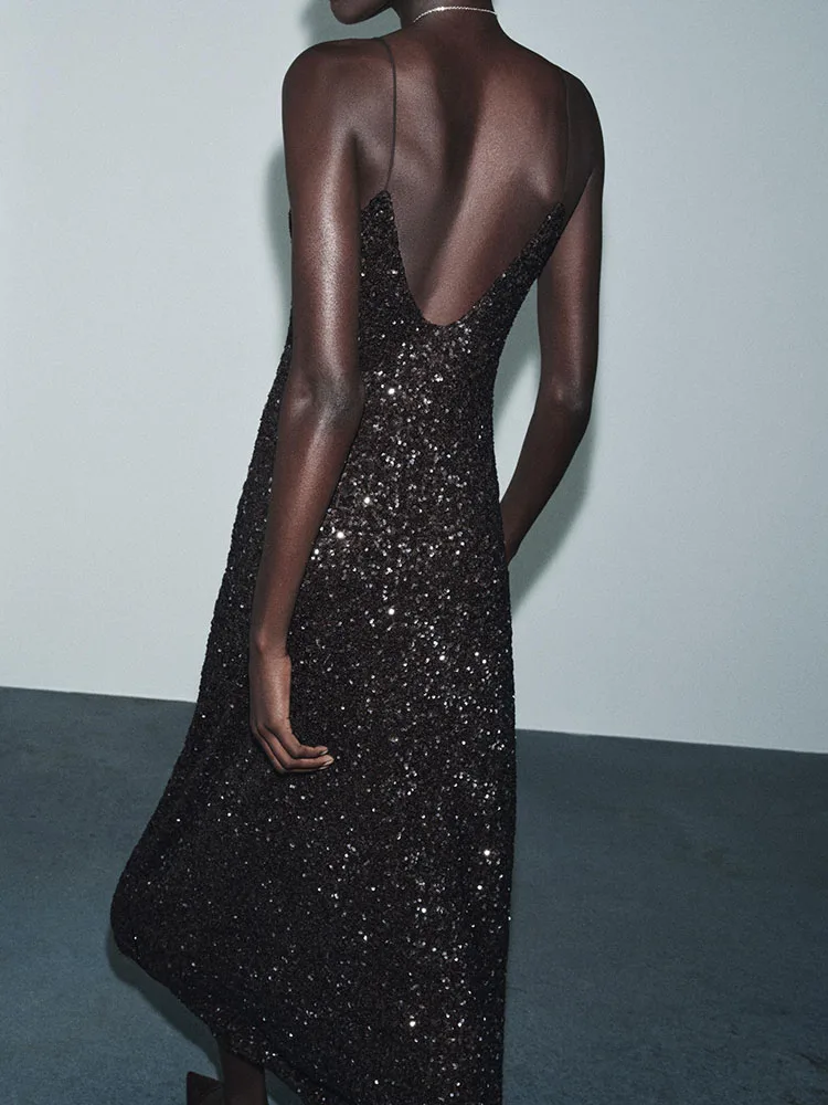 

Модное сексуальное длинное вечернее платье с бисерной отделкой, новинка, женская одежда, платье с завышенной талией для банкета, однотонное.