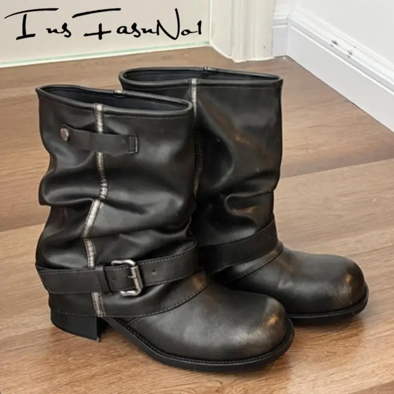 

Designer Thick Sole Platform Women Knight Boots Fashion Belt Buckle All Match Casual Western Cowboy Boots Female High Heel Shoes