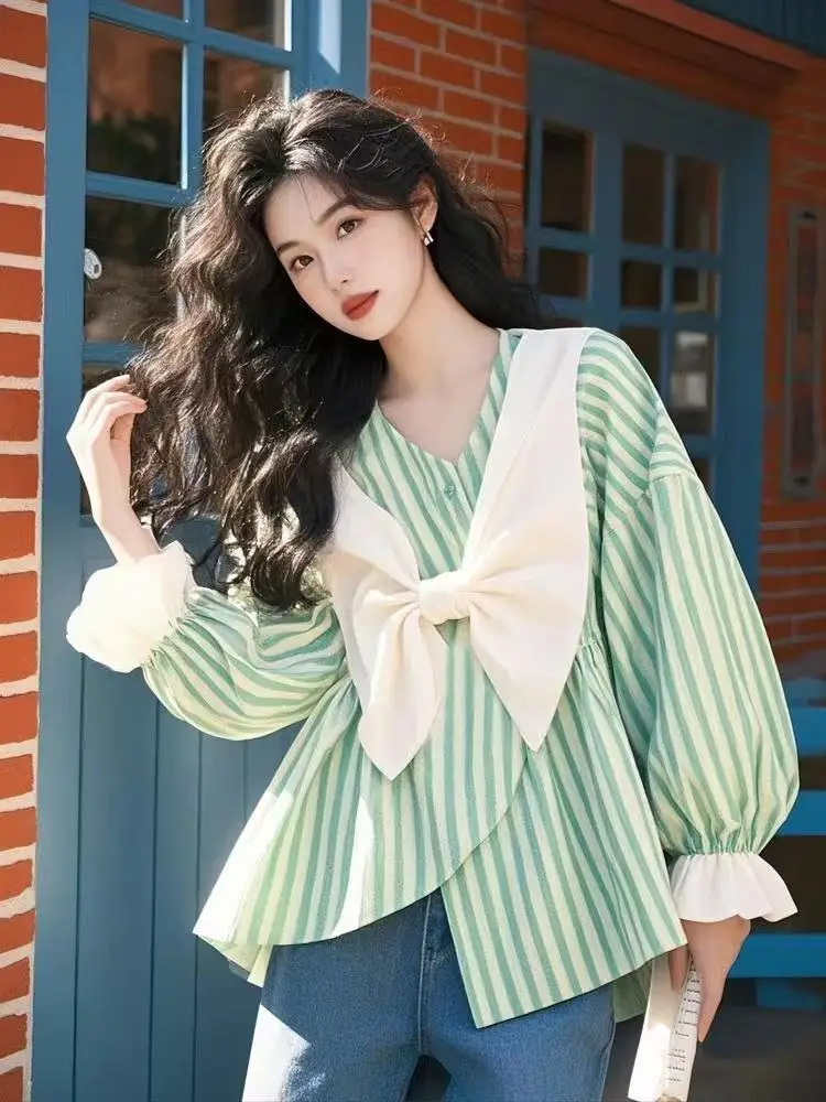 

2025 Fashion Elegant Blouse Striped Bow Patchwork Irregular V Neck Flare Sleeve Shirts Spring Casual Loose Design Women Clothing