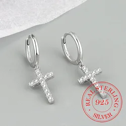 925 Sterling Silver Crystal Cross Hoop Earrings for Women Female Jewelry S925 Wedding Party Gift Aretes De Mujer