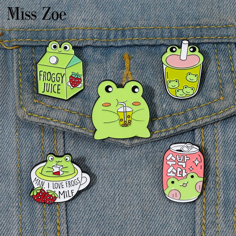 Froggy Enamel Pins Custom Cute Frog Coffee Mug Milk Juice Can Brooches Lapel Badges Animal Jewelry Gift for Kids Friends