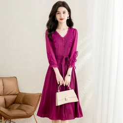2025 Summer Bohemian Mid Long Dress Women Solid Color V Neck Chiffon Dresses Maxi Evening Ladies Party Dress Vestidos Clothing