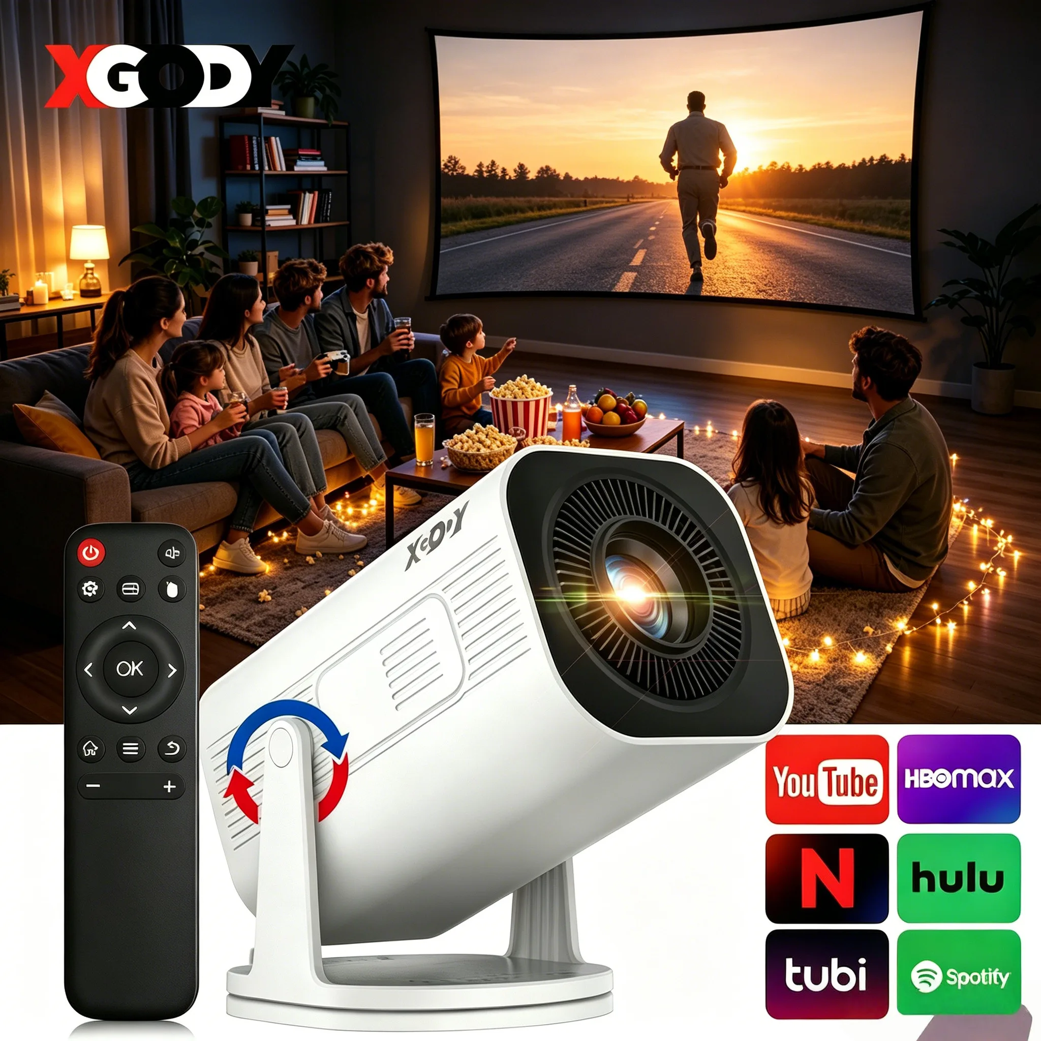 XGODY Gimbal 5 GO Android 14.0 Projector Short Throw 4K 1080P Native 720P 300ANSI Beamer Dual Wifi BT5.4 Air Mouse Home Cinema