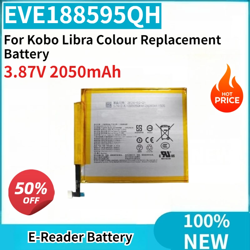 High Capacity 3.87V 2050mAh Li-Polymer Battery EVE188595QH for Kobo Libra Colour Replacement Bateria Brand-New