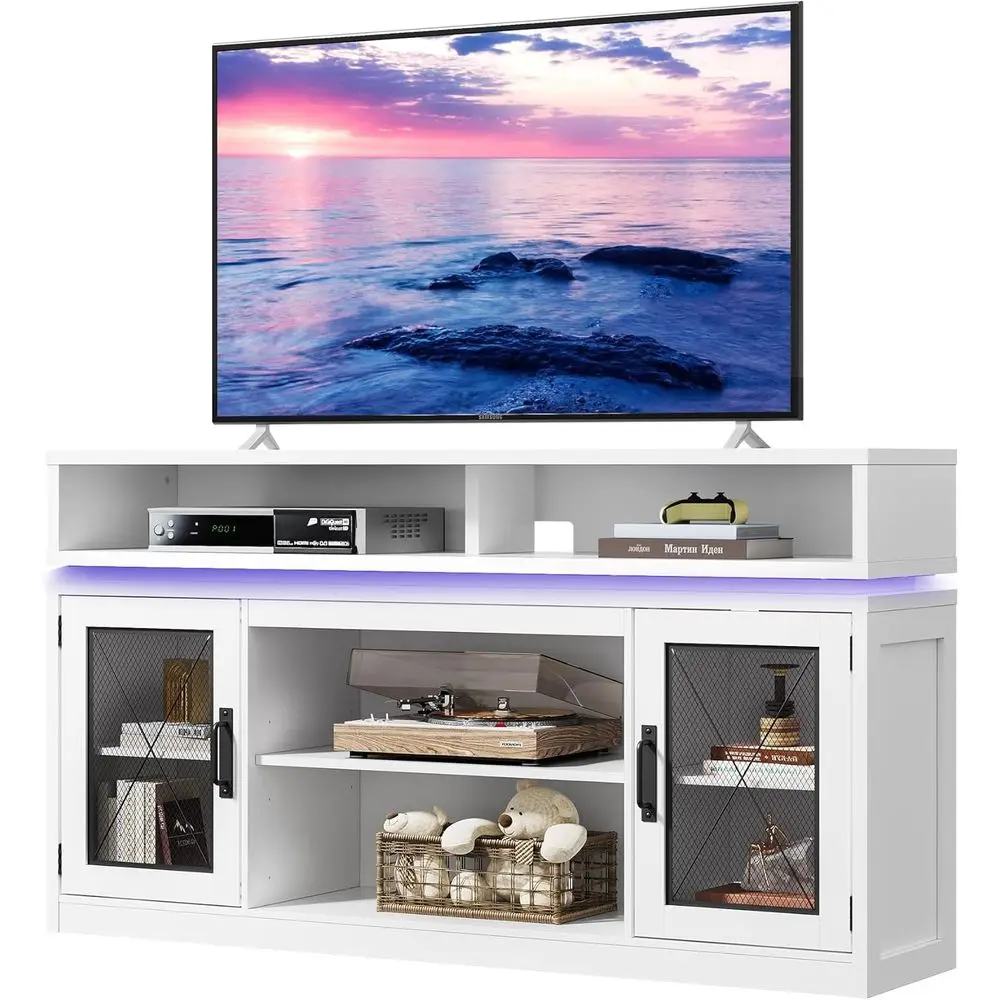 

65 TV Stand with Storage Cabinet & LED Lights for Living Room, Bedroom, Home Theater, White