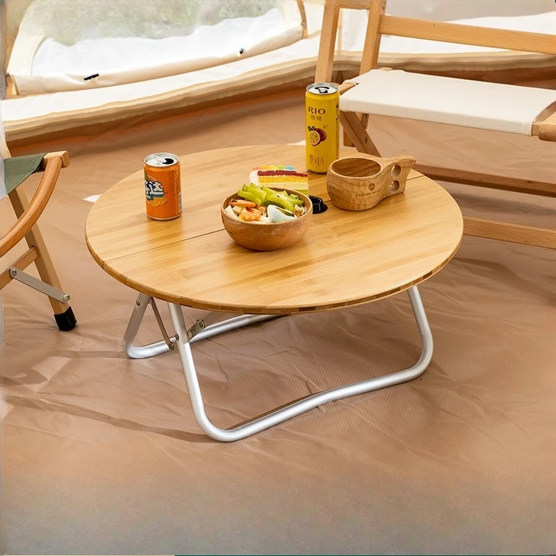 Portable Folding Camping Table Aluminum Bamboo Top Lightweight Round Outdoor Backpacking Picnic IGT Compatible Portable Table