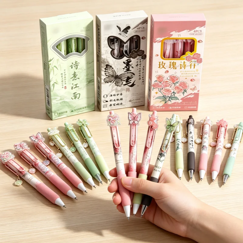 4pcs/pack Retractable Gel Pen Smooth Writing Quick Drying Soft Grip ST Nib Black Ink Exam Practice School Supplies for Students