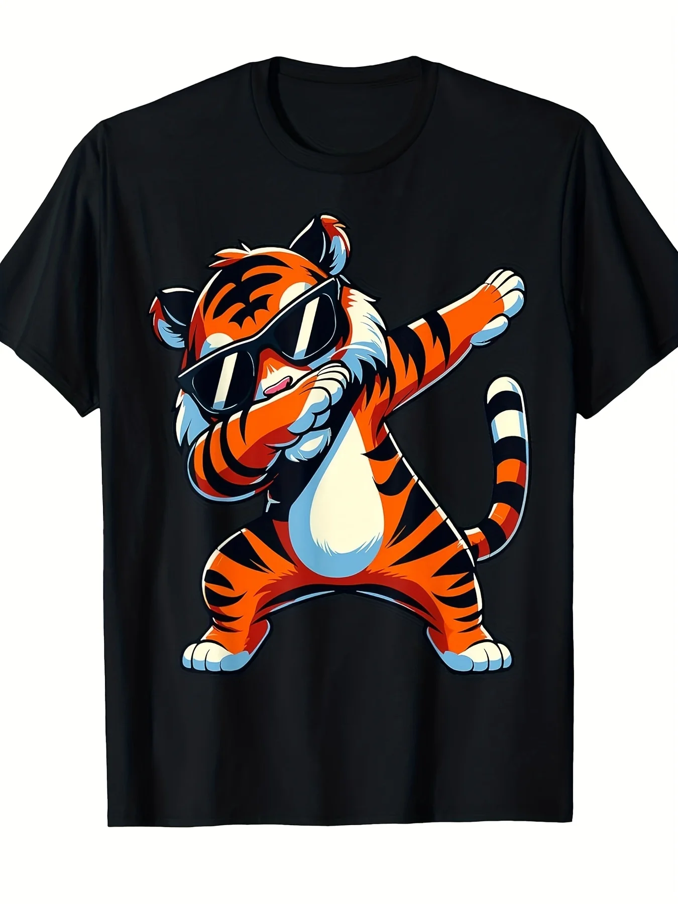 Dabbing Tiger with Fashion Glasses Tiger Animal T-ShirtSame style for men and women 2025 summer short-sleeved printed T-shirt pure cotton 220G, Casual Wear, Streetwear Style, Trendy Graphic, Breathable Material, Durable Stitching, Cotton Shirt