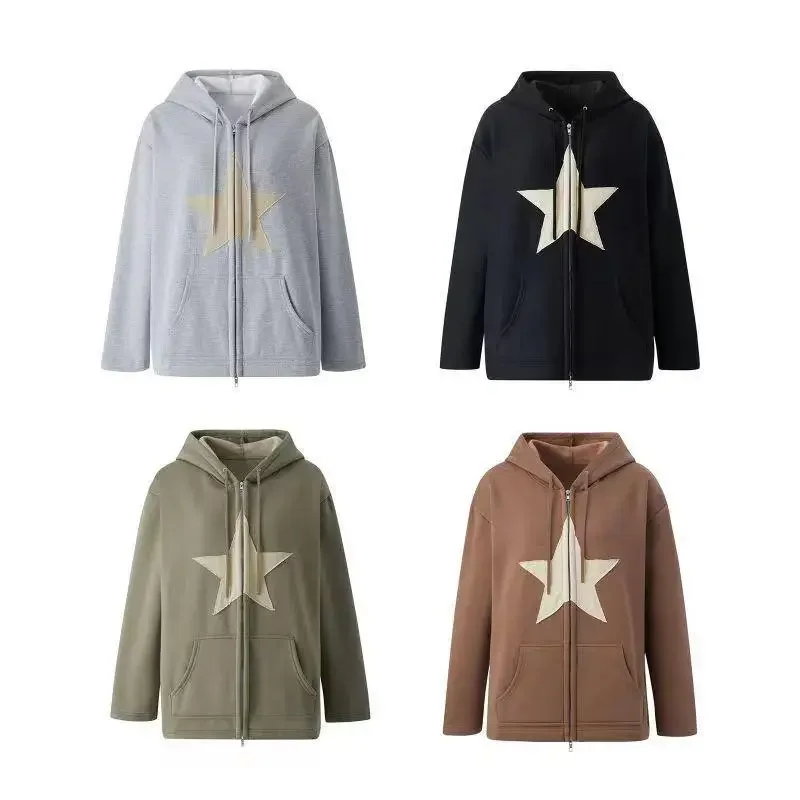 Women Vintage Star Print Hoodies Fashion Casual Zip Up Long Sleeve Loose Jacket Coats Harajuku Hooded Sweatshirts Y2k Streetwear