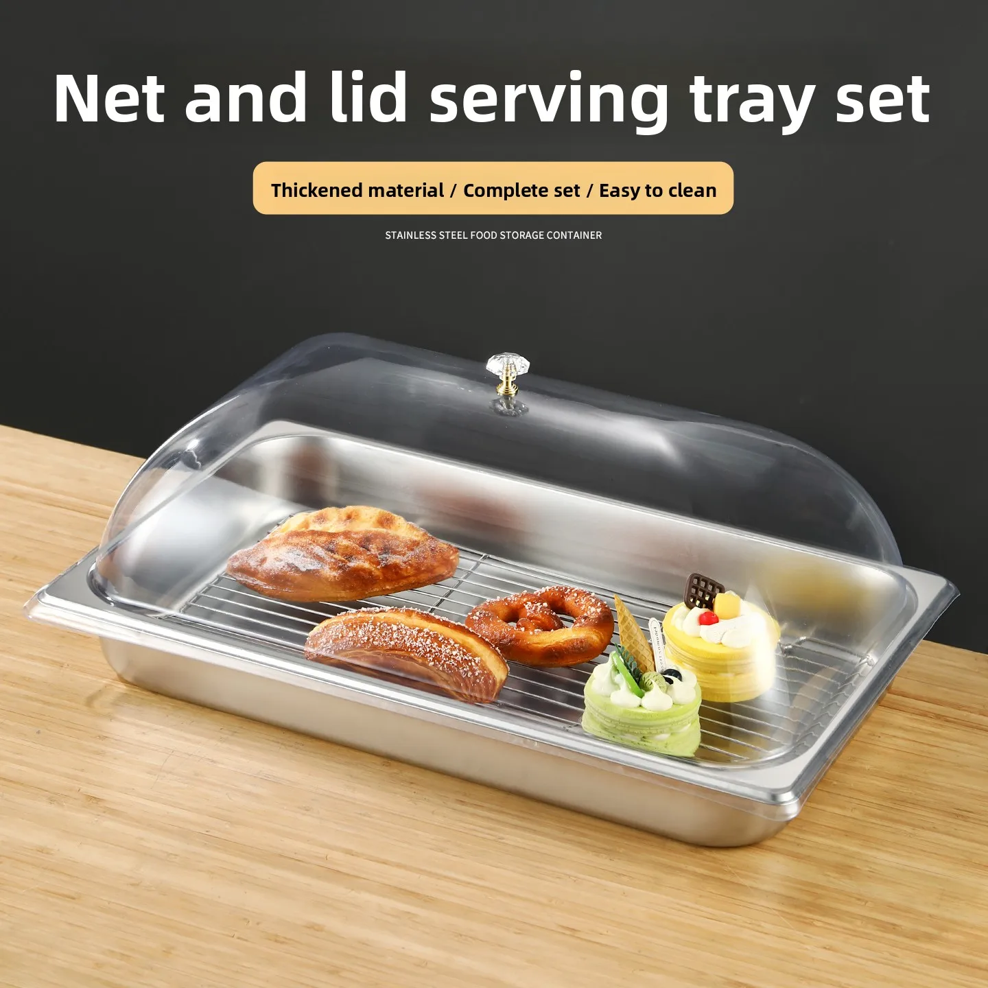 Stainless Steel Food Display Tray with Dustproof Transparent Arc Cover Halal Snack Serving Tray Restaurant Kitchen Rectangular