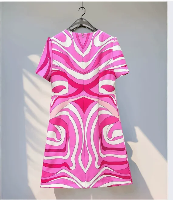 Women's Elegant O-neck Colorblock Dress High Quality Spring Summer Short Sleeve Luxury Beads Loose Waist Casual A-line Dress