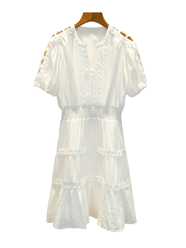 กระโปรงทรงเอไลน์สีขาว แต่งลูกไม้ปักลายฉลุ สไตล์ยุโรป สำหรับผู้หญิง รุ่น High-End  เหมาะสำหรับฤดูร้อน