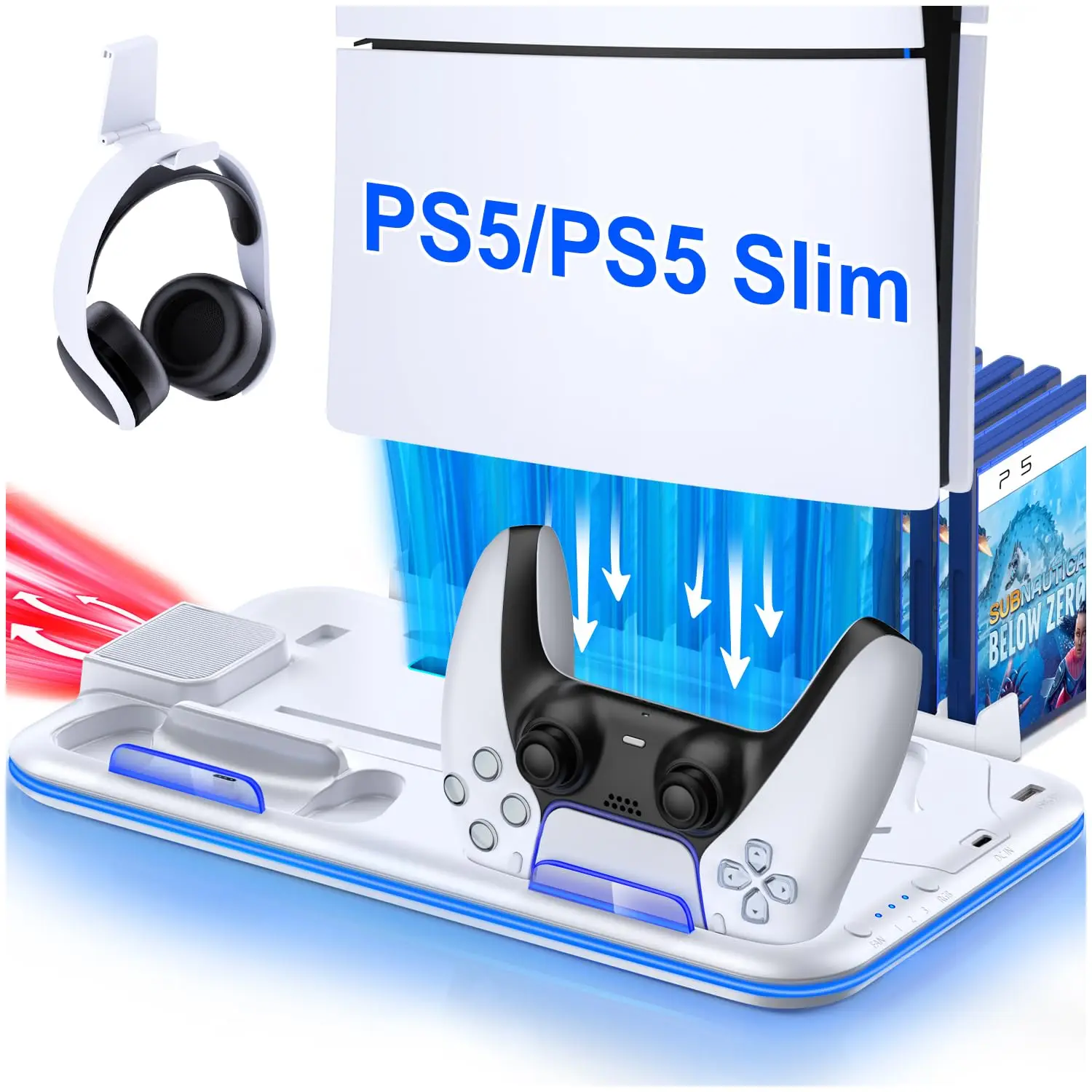 

DinoFire Cooling Station for PS5 / Slim Console, Vertical Stand with Dual Controller Charger for PlayStation 5