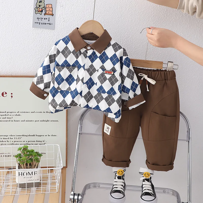 

Spring Autumn Baby Boy Clothes Luxury Designer Turn-down Collar Long Sleeve T-shirts and Pants Children Two- Piece Winter Wears