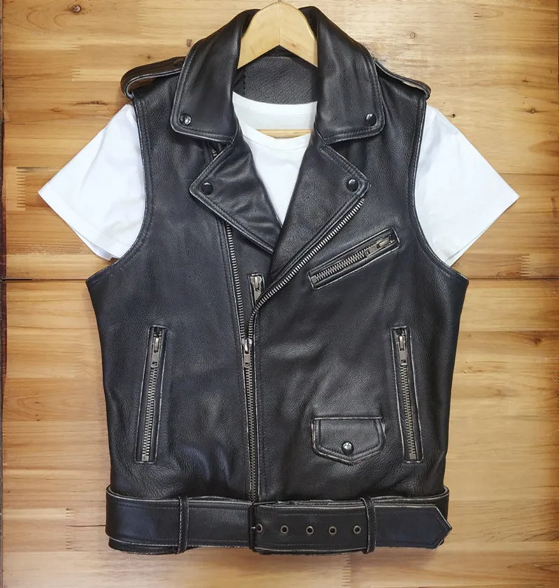 

Классический черный мотоциклетный жилет, мужские куртки без рукавов из натуральной коровьей кожи, мужские тонкие мотоциклетные жилеты с поясом