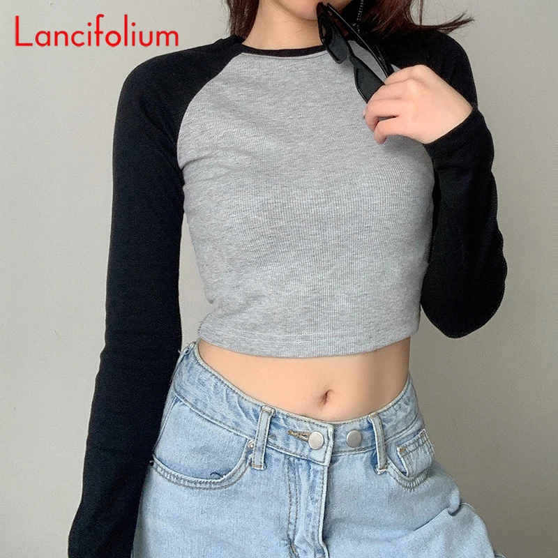 Summer Fall Sexy Contrast Tshirts Long Raglan Sleeve Corset Crop Top Rib Knitted Baby Tee Y2k Basic Street Indie Vintage T Shirt