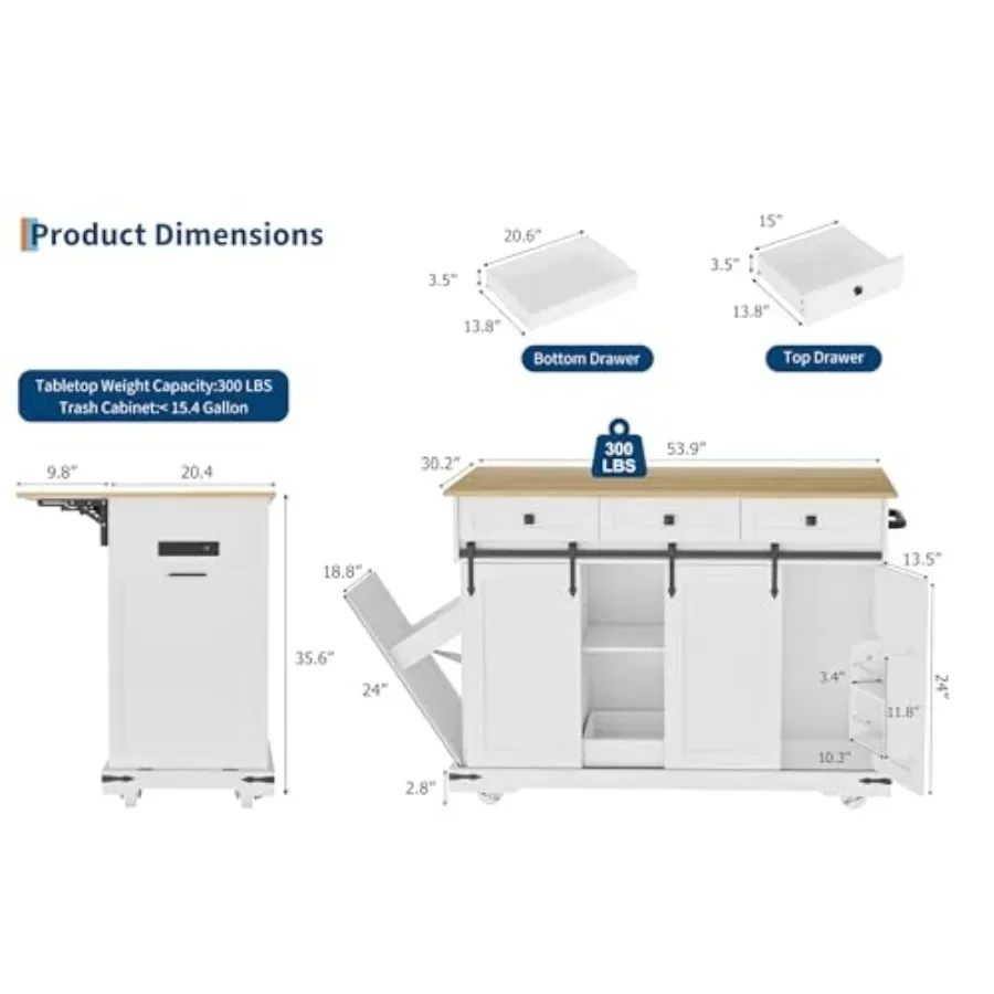 54 Kitchen Island with Drop Leaf Power Outlet for home kitchen use, solid wood, natural oak color, space-saving foldable design