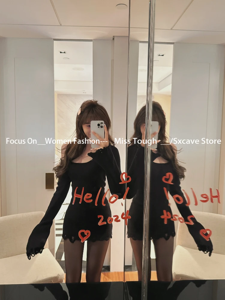 Korean Fashion Knitted Mini Dress Women Casual Y2k Clothing Evening Party Sweater Dress Office Lady Long Sleeve Bodycon Outfits