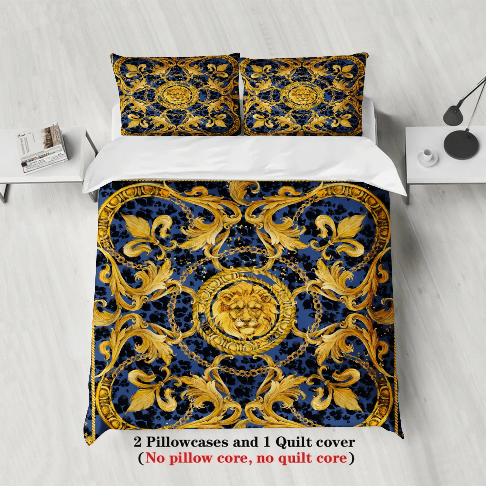 Vintage Baroque Bedding Set Blue Gold Lion Head Duvet Cover Set With Pillowcases For Fashion Lovers Bedroom Twin Queen King Size