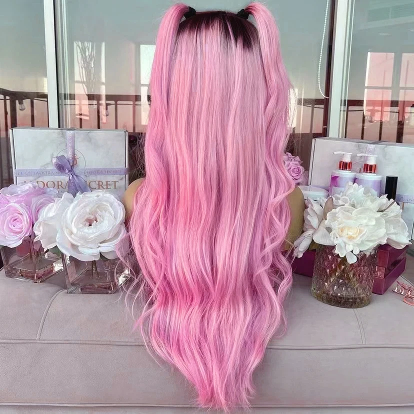 AIMEYA Wig Ombre 13x4, Wig renda merah muda gelombang alami akar hitam sintetis renda depan tahan panas penggunaan sehari-hari