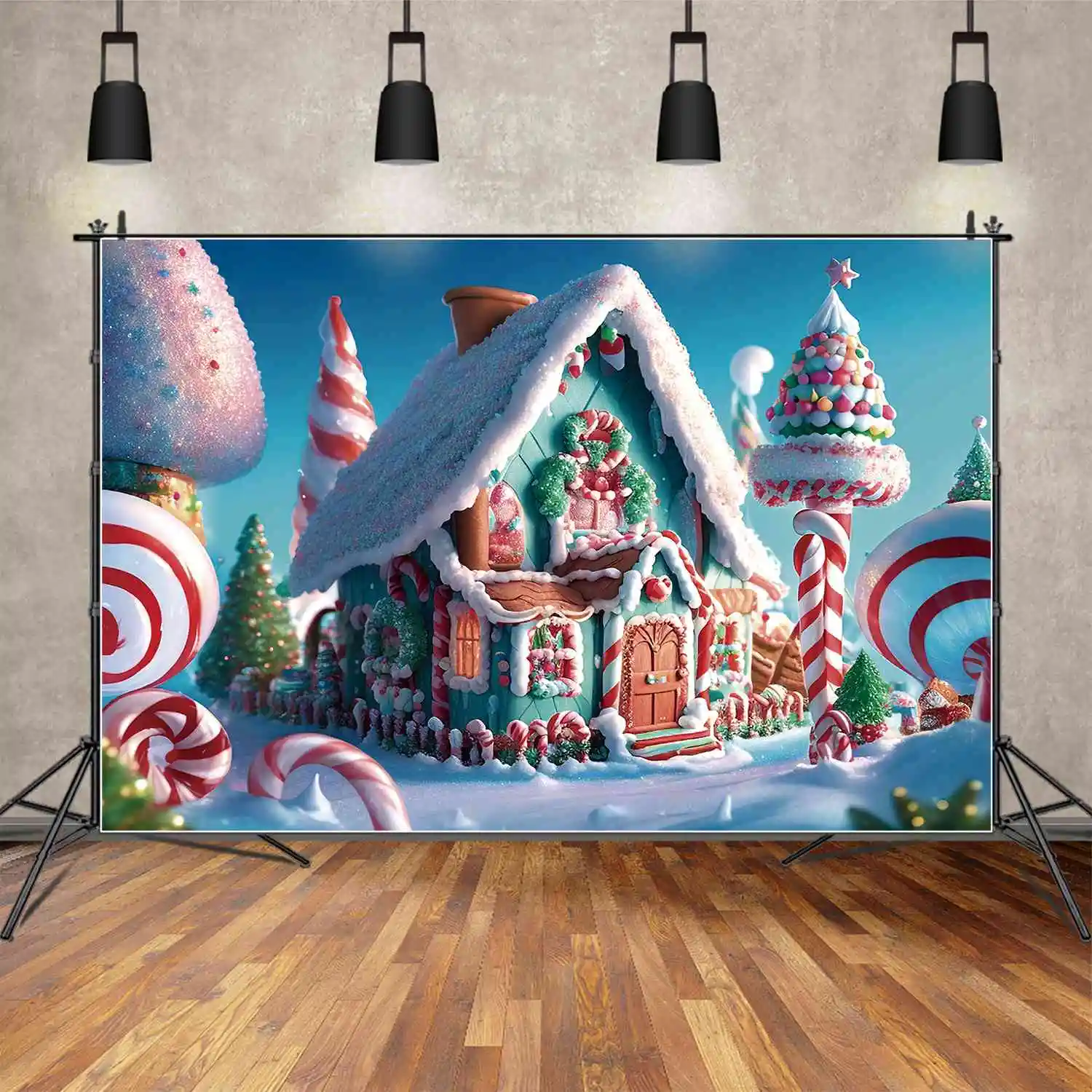 MOON.QG Photography Backdrop Christmas Gingerbread House Cabin Decor 2023 Photo Background Snow Home Trees Crutch Shooting Props