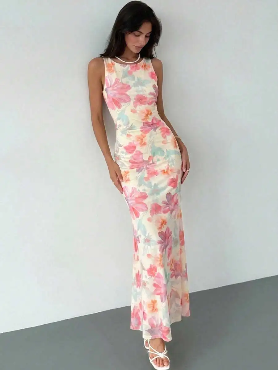 

Floral Print Backless Maxi Dress For Women Summer Party Beach Holiday