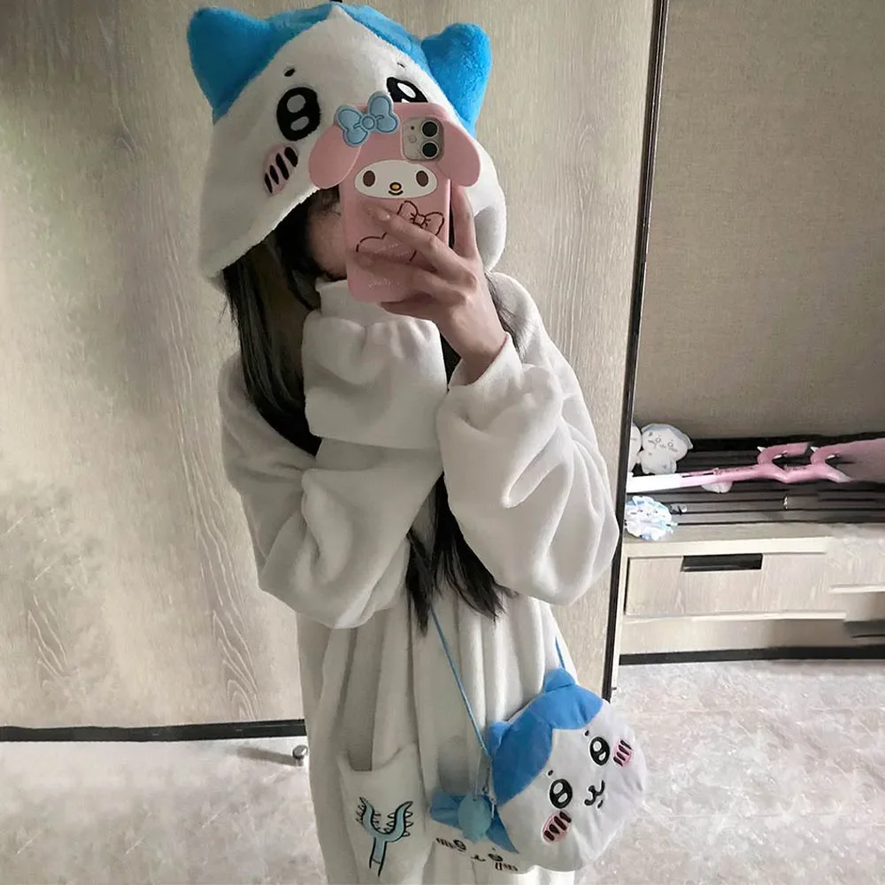 Kawaii Chiikawa ตุ๊กตาชิ้นชุดนอน Usagi Hachiware อะนิเมะน่ารัก Flannel Homewear ฤดูใบไม้ร่วงฤดูหนาวนักเรียนหญิงการ์ตูนชุดนอน