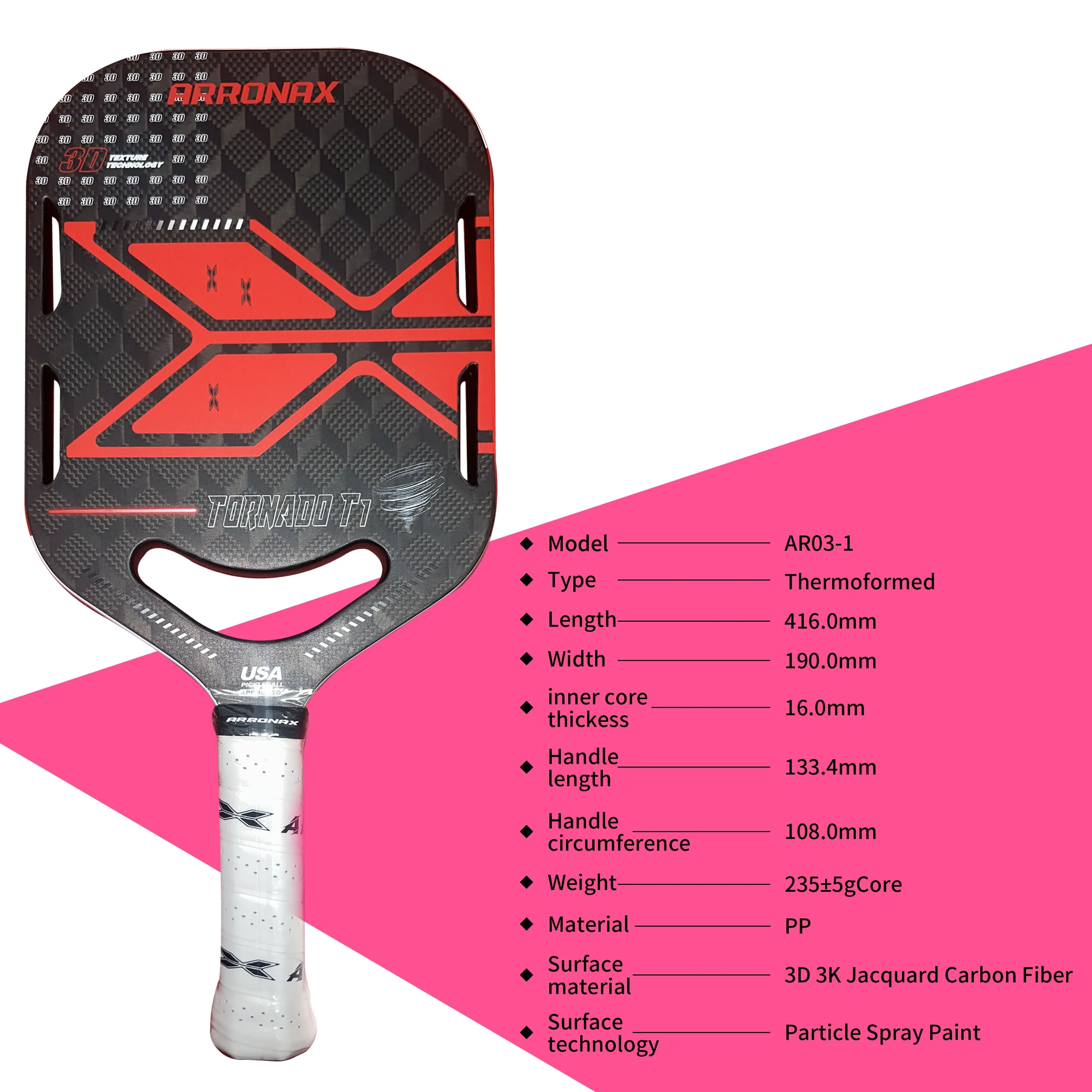 

Thermoformed-3D Jacquard Carbon Fiber Pickleball Paddle, Spin Textured Surface, Inner Core, PP Honeycomb, Ergonomic Grip, 3K