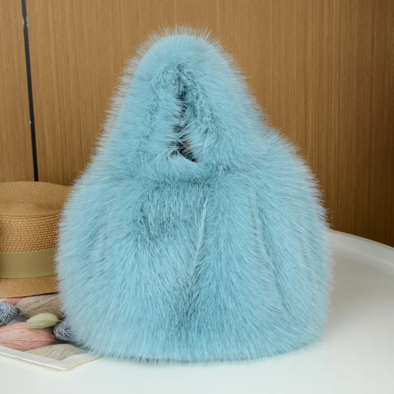 New Solid Color Faux Fur Bag Women Winter Soft Plush Handbags Ladies Small Elegant Tote Bags Fashion Trend Female Furry Purse