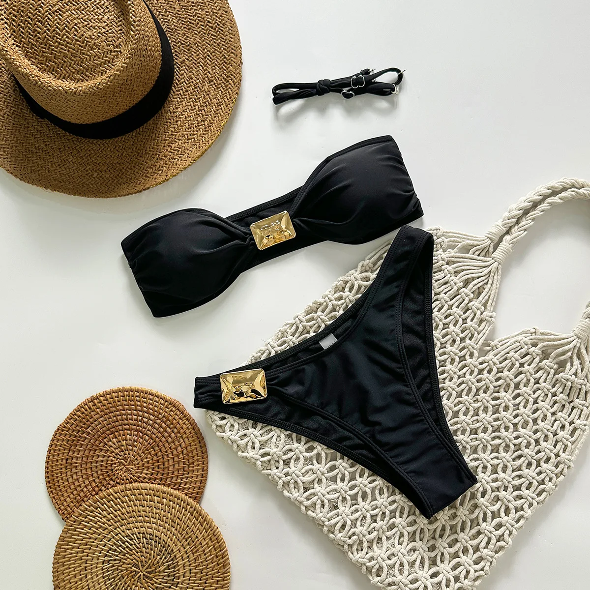 sexy black bandeau metal decoration bikinis sets two pieces high waist thong swimsuits bathing suit swimwear biquini tankini